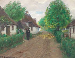 A village road with teo persons talking. A village road with teo persons talking.