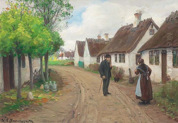 Village scene from Jyllinge with persons talking. - view 1