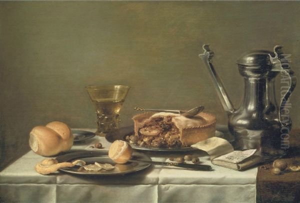 Stilleven met gebak, geschilde citroen, brood, bokaal, - view 1
