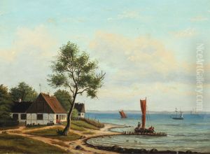 Coastal scenery with a farm and ships at the sea by F.C. Kiaerskou