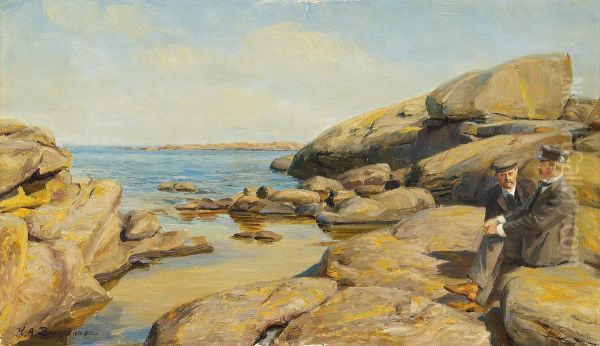 Two men at a beach on Bornholm. - view 1