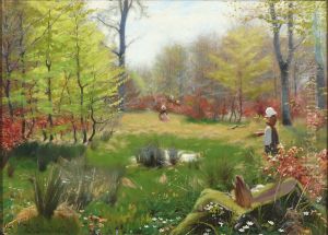 Young girls picking anemones in a spring forest
