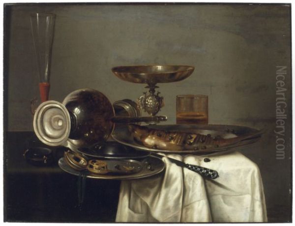 Stilleven met een omgevallen kan, tazza en een schotel met een gebakken vis - view 1