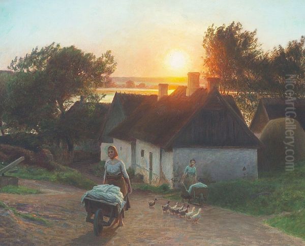 Taking out the washing on an early morning at a thatched farm. - view 1