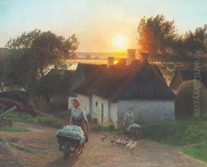 Taking out the washing on an early morning at a thatched farm. by Hans Ole Brasen