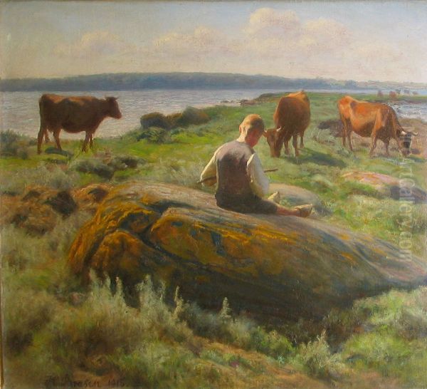Boy with cows on a meadow. - view 1