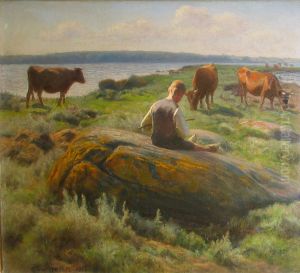 Boy with cows on a meadow. by Hans Ole Brasen