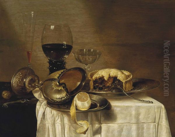Still life with nautilus cup, pewter plate with lemon, whine glass and Venetian dish with meat pie - view 1