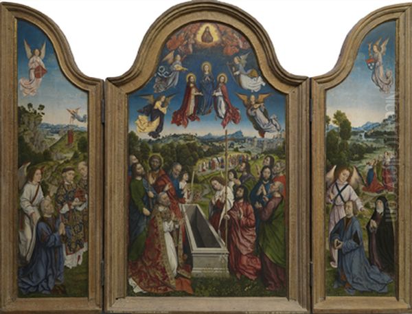 Schenker met een engel en heiligen in een landschap (binnenzijde linkerluik), de tenhemelopneming van Maria (middenpaneel), Albrecht Bouts en zijn tweede echtegenote met engel in een landschap (binnenzijde rechterluik) - view 1
