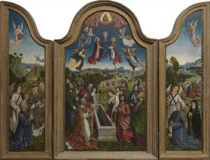 Schenker met een engel en heiligen in een landschap (binnenzijde linkerluik), de tenhemelopneming van Maria (middenpaneel), Albrecht Bouts en zijn tweede echtegenote met engel in een landschap (binnenzijde rechterluik) by Aelbrecht Bouts