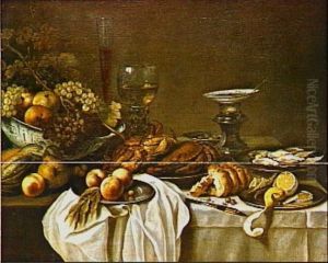 Stilleven met twee krabben op schotel, oesters, brood, geschilde citroen en vruchten