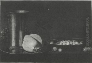 Still life with Dutch engraved beaker, berries and bread