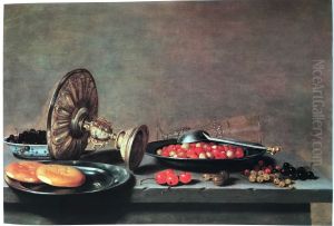 Still life with tazza, biscuits, berries with spoon, and fallen wine glass by Johannes Kuveenis