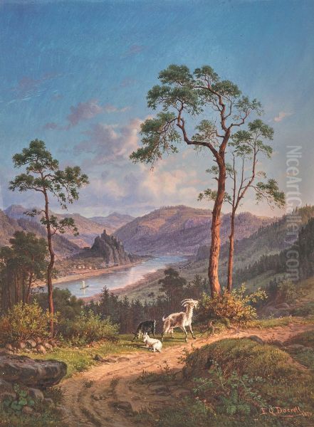 Goats in the mountains, in the backgroundSchreckenstein Castle - view 1