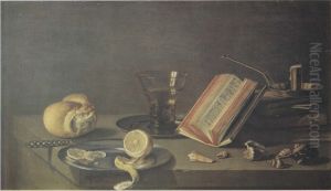 Still life with berkemeyer, lemon, oyster and bread accompanied by a book and candle by Pieter Claesz