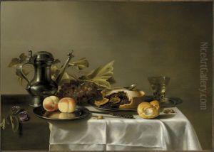 Still life with Jan Steen pitcher, peaches, pie, spoon, bread, and berkemeyer by Pieter Claesz