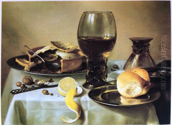 Still life with roemer, upturned berkemeyer, pie, spoon, knife, bread and lemon - view 1