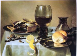 Still life with roemer, upturned berkemeyer, pie, spoon, knife, bread and lemon by Pieter Claesz