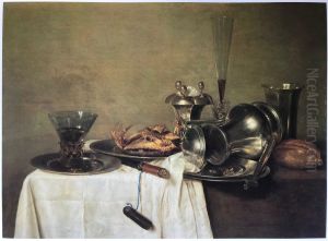 Still life with upturned Jan Steen pitcher, crab, and drinking vessels by Willem Claesz. Heda