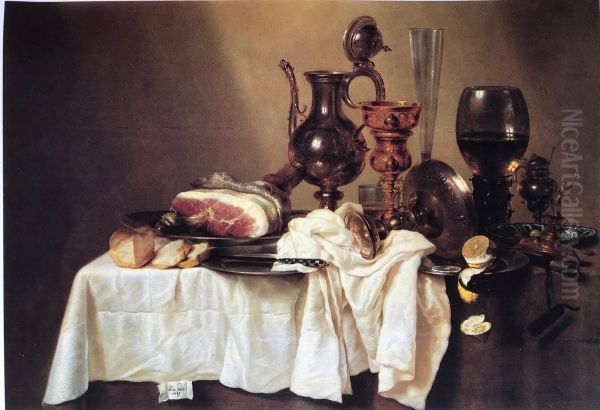 Still life with decanter and ham signed on the tablecloth - view 1