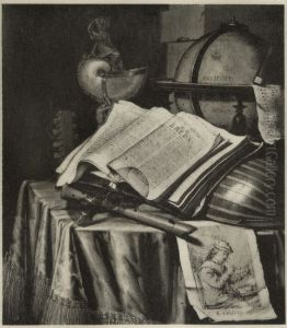 Still life with books, globe, musical instruments and a print on a table Still life with books, globe, musical instruments and a print on a table