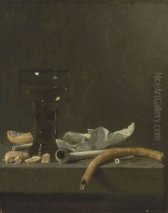Still life with roemer, clay pipe and a lit taper on a ledge Still life with roemer, clay pipe and a lit taper on a ledge