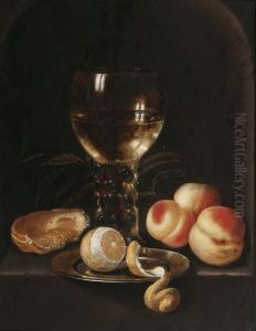 Still life with roemer, peaches and lemon by Jan Hendricksz. van Zuylen