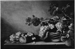 Still life with grapes falling out of an upturned basket on a table by Roelof Koets