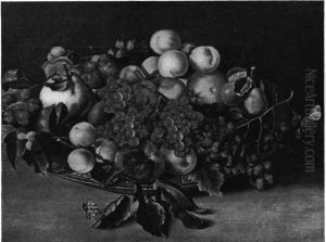 Still life with a platter of grapes on a table by Roelof Koets
