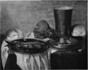 Stilleven met omgevallen roemer, zilveren beker, brood, ui en haring op bord