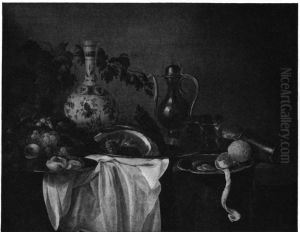 Still life with porcelain flask, decanter, ham and fruit
