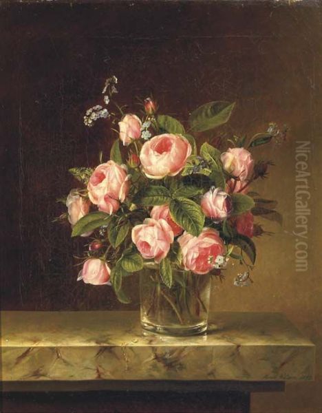 Pink roses and forget-me-nots in a glass on a marble ledge. - view 1