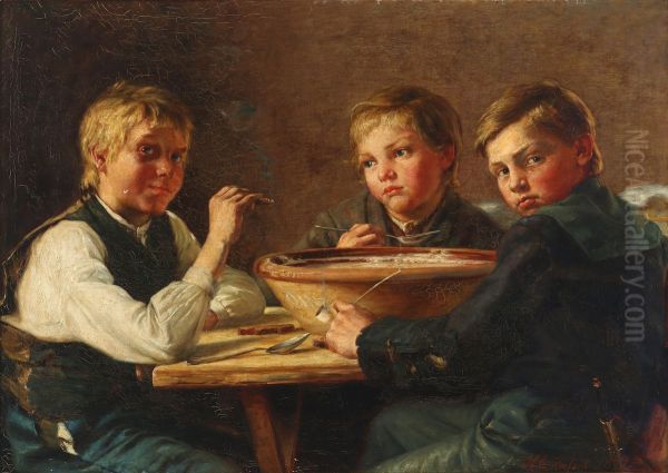Interior with three boys. - view 1