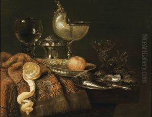 Still life with nautilus cup, salt cellar, roemer, facon de Venise glass and table carpet by Willem Claesz. Heda