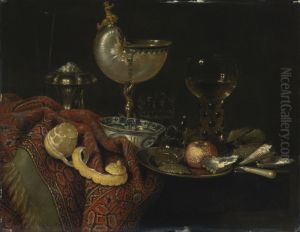 Still life of oysters, a nautilus cup, a roemer, lemon and other objects by Willem Claesz. Heda