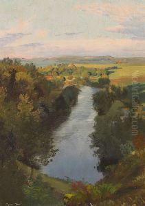 View of a valley with a stream. by Hans Friis