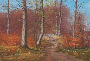 View of forest and bridge. by Hans Friis