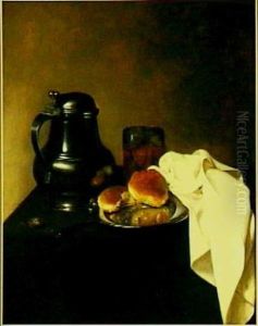 Stilleven met een tinnen kan, een gevuld glas en anderhalf broodje op een dokerblauw tafelkleed by Jan Jansz Den Uyl