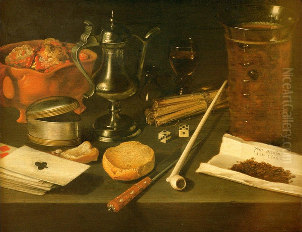 Stilleven met rookgerei, brandewijnkannetje,bierglas en speelkaarten - view 1