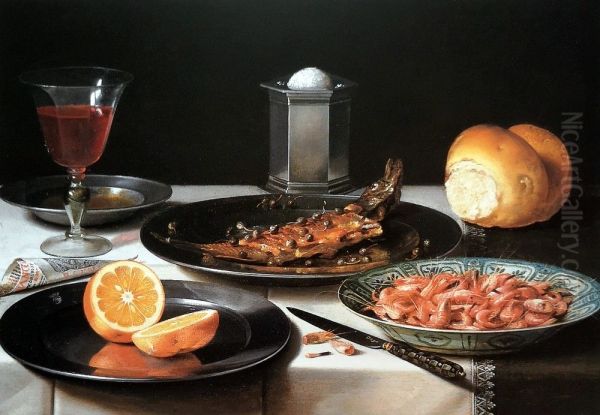 Breakfast still life with herring, shrimp, bread, orange and red wine - view 1