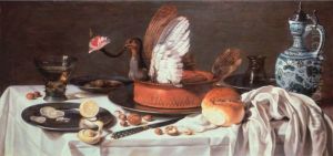 Still Life with Pigeon Pie and Delftware Jug by Pieter Claesz