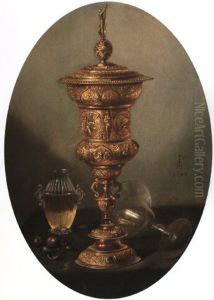 Still life with a gilt covered beaker, fallen wine glass and facon de Venise flask by Pieter Claesz