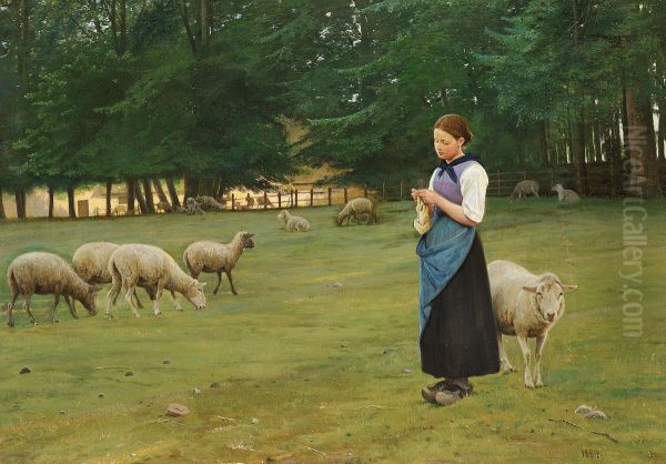 A young girl herding sheep. - view 1