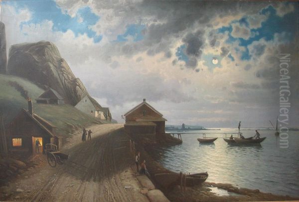 A moonlit coastal view with numerous boats and persons. - view 1