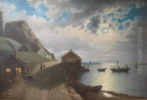 A moonlit coastal view with numerous boats and persons. by Siegfried Hass