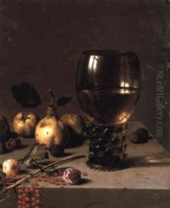 Still life with roemer, pears, plums, mulberries and redcurrants by Pieter Claesz