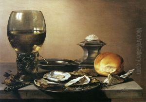Banketje met roemer, oesters, zoutvat en broodje