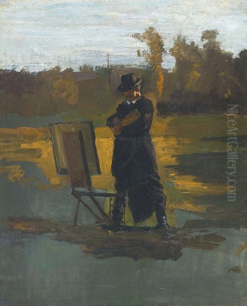 Thorvald Niss at his easel near Frederiksborg, Denmark. - view 1