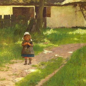 Girl, holding a doll, in front of a farm.