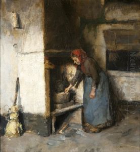 Vrouw bij schouw in 't Gooi by Emanuel Samson van Beever